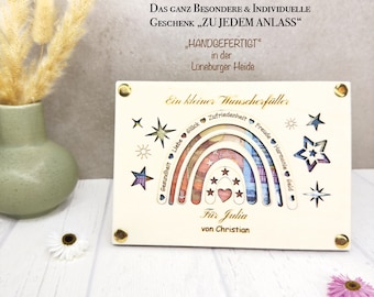 Personalisierte Holzkarte "Ein kleiner Wunscherfüller" – Handgefertigtes Geldgeschenk mit Regenbogenmotiv