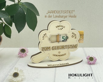 Wunscherfüller zum Geburtstag Personalisiertes Kleeblatt aus Holz als Geburtstagsgeschenk - Geldgeschenke zum Geburtstag