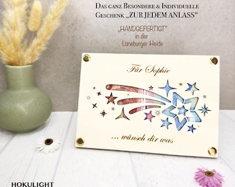 Personalisierte geschenkkarte aus Holz, Holz Geschenk personalisiert, Wunscherfüller Sternschnuppen, Handgefertigtes Geldgeschenk mit Gravur