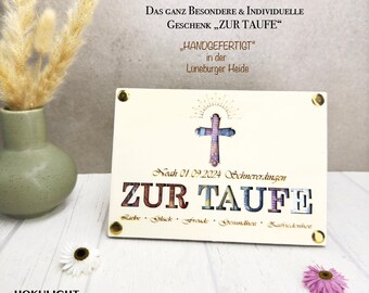 Personalisiertes Tauf Geschenk aus Holz - Geldgeschenk-Karte zur Taufe - Taufkreuz – Handgefertigtes Taufgeschenk mit Wunschgravur