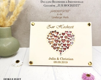 Personalisierte Holzkarte zur Hochzeit – Handgefertigtes Geldgeschenk mit Herzdesign und Wunschgravur, Personalisierte Holzkarte Hochzeit