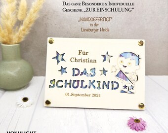 Geschenk Einschulung Junge, Personalisiertes Geschenk zur Einschulung aus Holz, Karte zur Einschulung, Schulanfang Geschenk