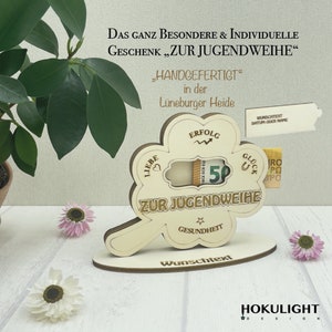 Wunscherfüller zur Jugendweihe Kleeblatt Personalisiertes Geldgeschenk zur Jugendweihe Geschenkidee zur Jugendweihe Bild 2