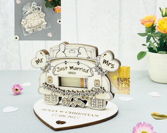 Hochzeitsgeschenk Geldgeschenk Hochzeitsauto aus Holz personalisiert mit Namen und Datum als Geschenk zur Hochzeit Geld