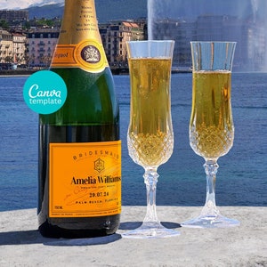 May include: A bottle of champagne with a yellow label that says "Bridemaids Amelia Williams 29.07.21 Palm Beach, FL" and two champagne flutes on a stone surface with a view of a city and a fountain in the background.