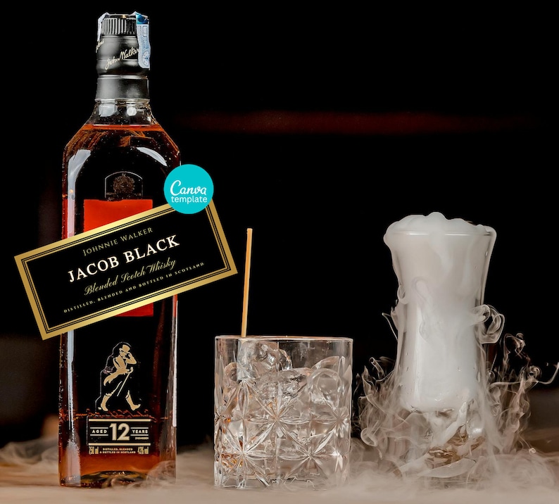 May include: A bottle of Johnnie Walker Jacob Black Blended Scotch Whisky, aged 12 years, with a gold label that reads "Jacob Black Blended Scotch Whisky Distilled, Blended and Bottled in Scotland". The bottle is on a dark surface with a glass of ice and a glass with a white, cloudy substance that looks like smoke.
