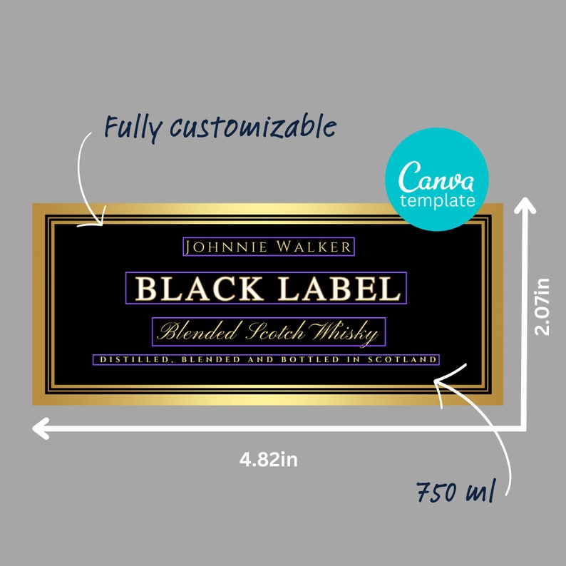 May include: A black label with gold trim, featuring the text "JOHNNIE WALKER BLACK LABEL Blended Scotch Whisky" and "DISTILLED, BLENDED AND BOTTLED IN SCOTLAND". The label is 12.2 cm wide and 5.3 cm tall.