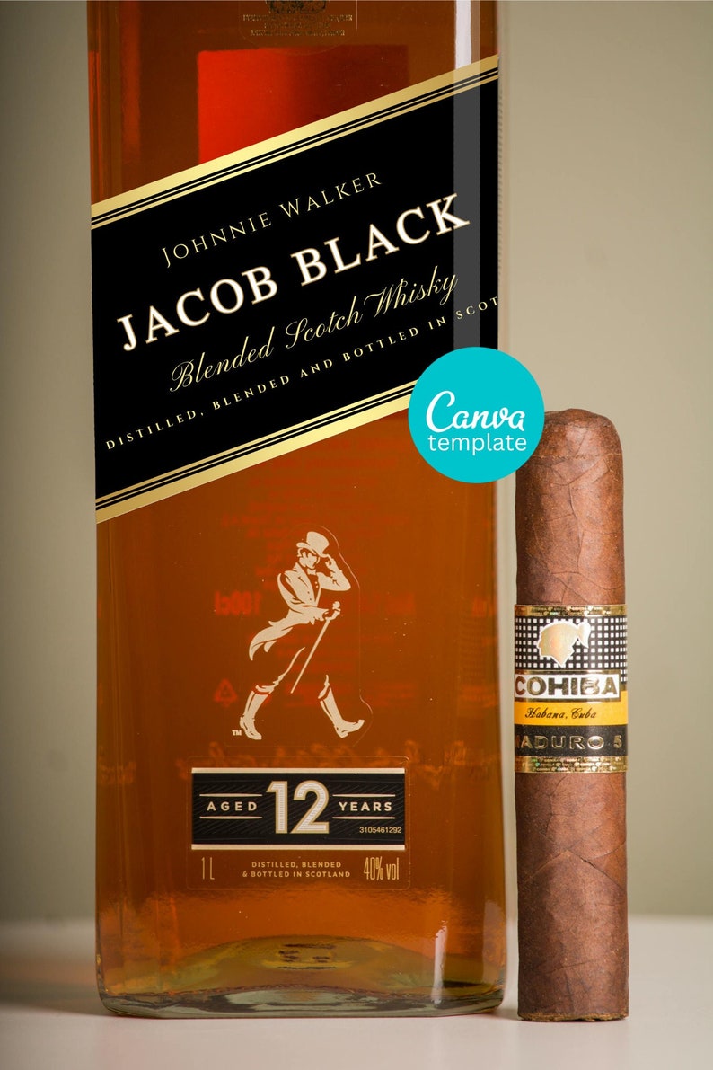 May include: A bottle of Johnnie Walker Jacob Black 12 year old blended Scotch whisky, aged 12 years, 40% alcohol by volume, distilled, blended and bottled in Scotland. The bottle is next to a Cohiba Adoro 5 cigar.