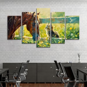 Horse and Cute Cat Multi Canvas Wall Art, Large Framed Canvas Wall Art, Extra Large Framed Canvas Wall Art, 3 4 5 Piece Canvas Wall Art
