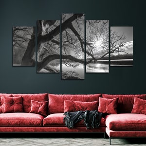 Black and White Tree in the Lake Canvas Wall Art, Large Framed Canvas Wall Art, Extra Large Framed Canvas Wall Art, 3 4 5 Pieces Canvas Art