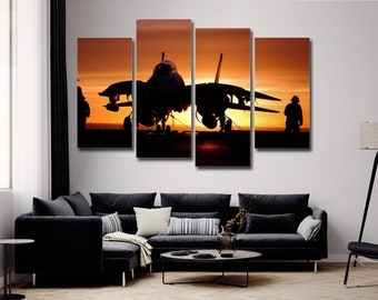 F-14 Tomcat in Sunset 4 Pieces Canvas Wall Art, Large Framed 4 Piece Canvas Wall Art, Extra Large Framed 4 Panel Canvas Wall Art Abstract