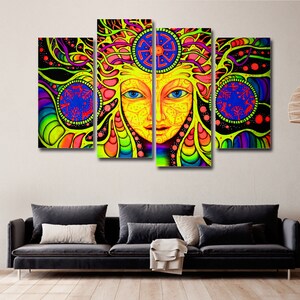 Psychadelic Mandala Abstract 4 Pieces Canvas Wall Art, Large Framed 4 Pieces Canvas Wall Art, Extra Large Framed 4 Panel Canvas Wall Art