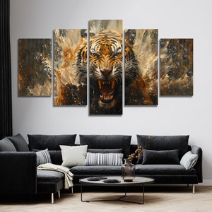 May include: A multi-panel canvas print featuring a close-up of a roaring tiger with water splashing around it. The tiger has orange and black stripes and a fierce expression.