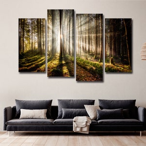 Forest Tree Sun Rays 4 Piece Canvas Wall Art, Large Framed 4 Piece Canvas Wall Art, Extra Large Framed 4 Panel Canvas Wall Art, Abstract Art