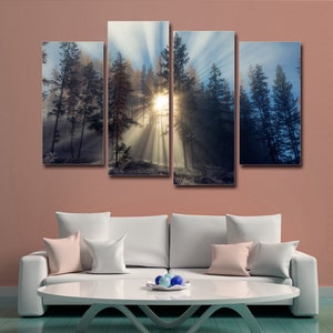 Sunlight in Forest Mist 4 Pieces Canvas Wall Art, Large Framed 4 Piece Canvas Wall Art, Extra Large Framed 4 Panel Canvas Wall Art Abstract