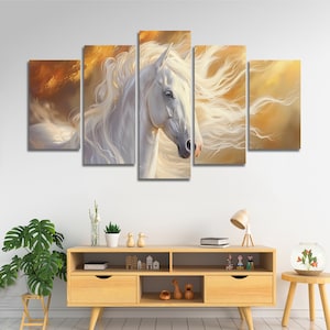 White Horse on Fire Sky Multi Canvas Wall Art, Large Framed Canvas Wall Art, Extra Large Framed Canvas Wall Art, 3 4 5 Piece Canvas Wall Art