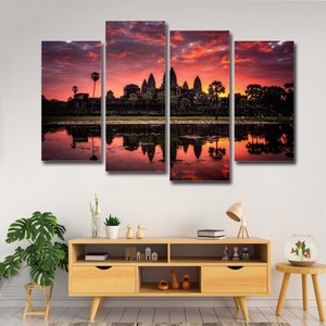 Angkor Wat Kunst 4 Stück Leinwand Wandkunst, Große Gerahmte 4 Stück Leinwand Wandkunst, Extra Große Gerahmte 4 Panel Leinwand Wandkunst, Wand Kunst Dekor