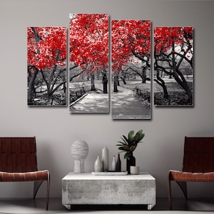 May include: A five-piece canvas print set featuring a black and white photograph of a park with red-leafed trees. The trees are in the foreground and the path is in the background.