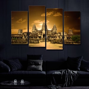 Angkor Wat 4 Stück Leinwand Wandkunst, Große Gerahmte 4 Stück Leinwand Wandkunst, Extra Große Gerahmte 4 Panel Leinwand Wandkunst, Wandkunst Wohnkultur