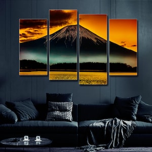 Fuji Volcano Mountain 4 Pieces Canvas Wall Art, Large Framed 4 Piece Canvas Wall Art, Extra Large Framed 4 Panel Canvas Wall Art Abstract