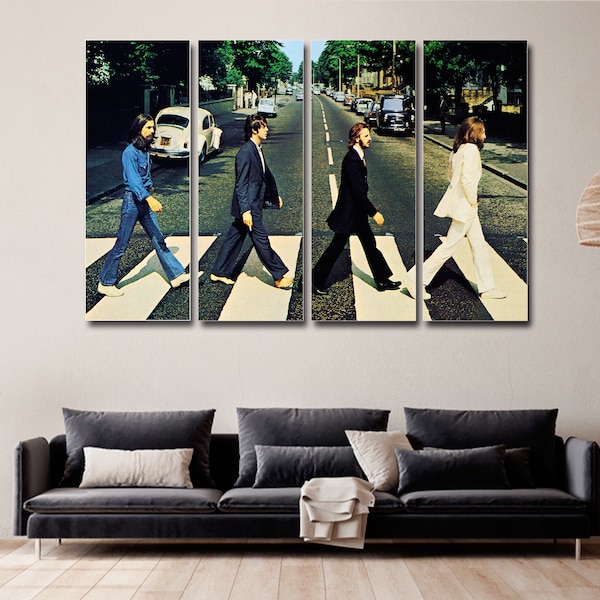The Beatles Walking Abbey Road 4 Pieces Canvas Wall Art, Large Framed 4 Pieces Canvas Wall Art, Extra Large Framed 4 Panel Canvas Wall Art