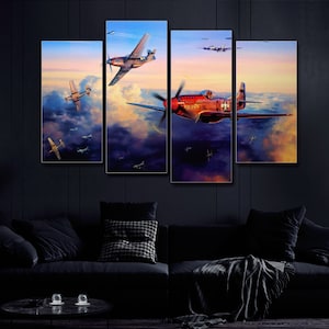 Airplane War Art 4 Pieces Canvas Wall Art, Large Framed 4 Piece Canvas Wall Art, Extra Large Framed 4 Panel Canvas Wall Art, Wall Art Decor