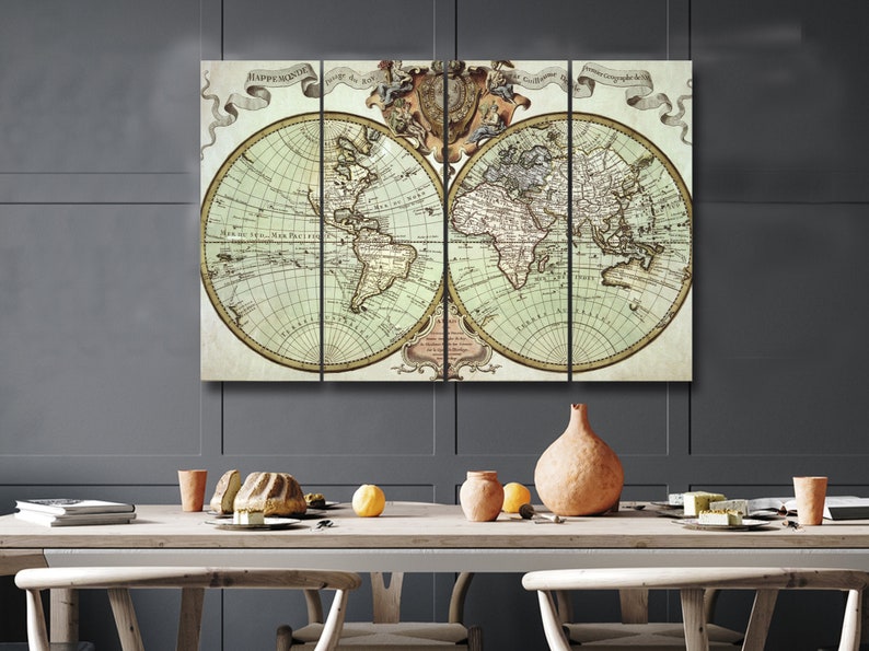 Old World Map Retro Vintage 4 Piece Canvas Wall Art, Large Framed 4 ...