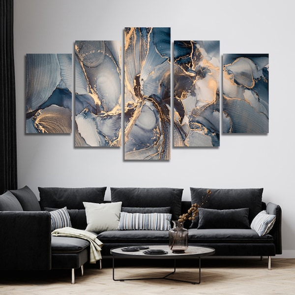 Arte azul gris y dorado arte de pared de lienzo múltiple, arte de pared de lienzo enmarcado grande, arte de pared de lienzo enmarcado extra grande, arte de pared de lienzo de 3 4 5 piezas