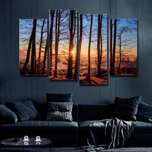 Sunset in the Forest 4 Piece Canvas Wall Art, Large Framed 4 Piece Canvas Wall Art, Extra Large Framed 4 Panel Canvas Wall Art, Abstract Art