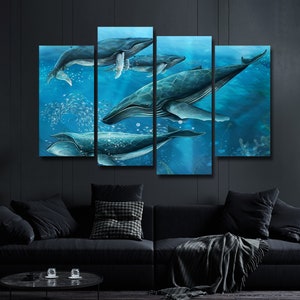 Ocean Whales Painting 4 Pieces Canvas Wall Art, Large Framed 4 Piece Canvas Wall Art, Extra Large Framed 4 Panel Canvas Wall Art, Modern Art