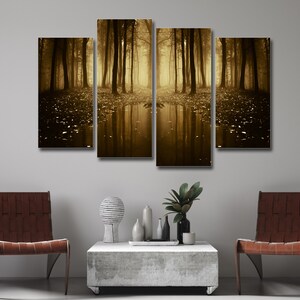 Autumn Forest with Fog and Rain 4 Pieces Canvas Wall Art, Large Framed 4 Piece Canvas Wall Art, Extra Large Framed 4 Panel Canvas Wall Art