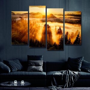 Golden Sunrise in Mountains Fog 4 Pieces Canvas Wall Art, Large Framed 4 Piece Canvas Wall Art, Extra Large Framed 4 Panel Canvas Wall Art