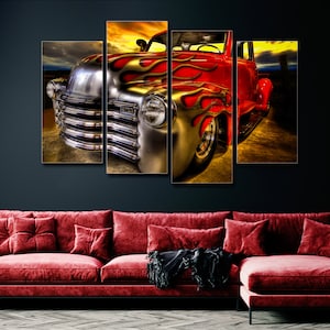 Vintage Red Truck Car 4 Pieces Canvas Wall Art, Large Framed 4 Piece Canvas Wall Art, Extra Large Framed 4 Panel Canvas Wall Art Abstract