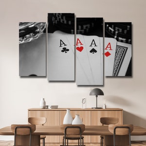 Poker di carte, arte da parete su tela a 4 pezzi astratta del poker, arte da parete su tela a 4 pezzi con cornice grande, decorazione artistica da parete su tela a 4 pannelli extra large con cornice