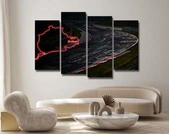 Nurburgring Rally Track Circuit 4 Pieces Canvas Wall Art, Large Framed 4 Piece Canvas Wall Art, Extra Large Framed 4 Panel Canvas Wall Art