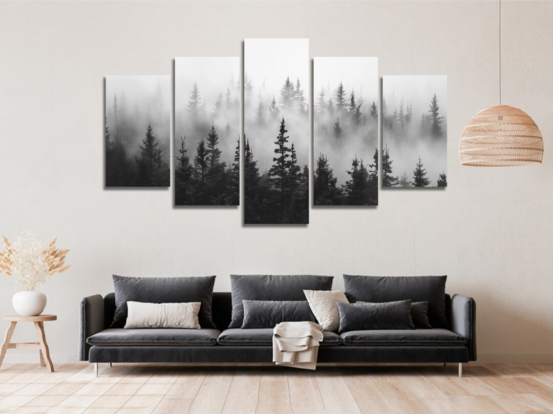 Black White Foggy Misty Forest Pine Canvas Wall Art, Large Framed ...