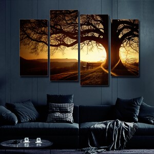 Sunset Tree Branches 4 Pieces Canvas Wall Art, Large Framed 4 Piece Canvas Wall Art, Extra Large Framed 4 Panel Canvas Wall Art, Art Prints