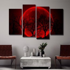 May include: A five-piece canvas print set depicting a red moon rising behind a silhouette of trees. The moon is a bright red color and the trees are black against the red sky.