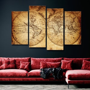 Vintage Weltkarte, Retro Karte 4 Stück Leinwand Wandkunst, große gerahmte 4 Stück Leinwand Wandkunst, extra große gerahmte 4 Panel Leinwand Wandkunst