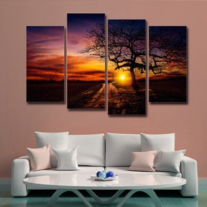Sunset Tree 4 Pieces Canvas Wall Art, Large Framed 4 Piece Canvas Wall Art, Extra Large Framed 4 Panel Canvas Wall Art, Abstract Art Prints