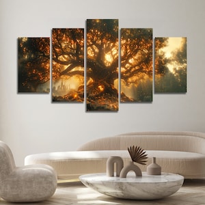 Arte de pared de lienzo múltiple abstracto de árbol mágico, arte de pared de lienzo enmarcado grande, arte de pared de lienzo enmarcado extra grande, 3 4 5 piezas de arte de pared de lienzo