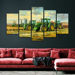 May include: A five-panel canvas print depicting a line of green tractors driving through a field. The tractors are in a line, with the largest tractor in the center of the image. The tractors are driving through a field with a blue sky and white clouds in the background.