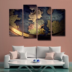 Teilweise Westeros Karte, Thrones Spiel 4-teilige Leinwand Wandkunst, große gerahmte 4-teilige Leinwand Wandkunst, extra große gerahmte 4 Panel Leinwand Wandkunst
