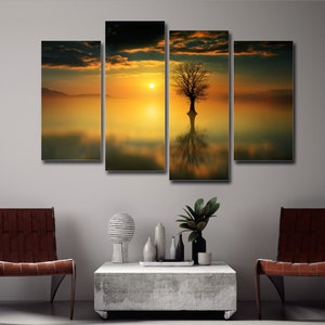 Abstract Tree Sunset Lake 4 Pieces Canvas Wall Art, Large Framed 4 Piece Canvas Wall Art, Extra Large Framed 4 Panel Canvas Wall Art Decor
