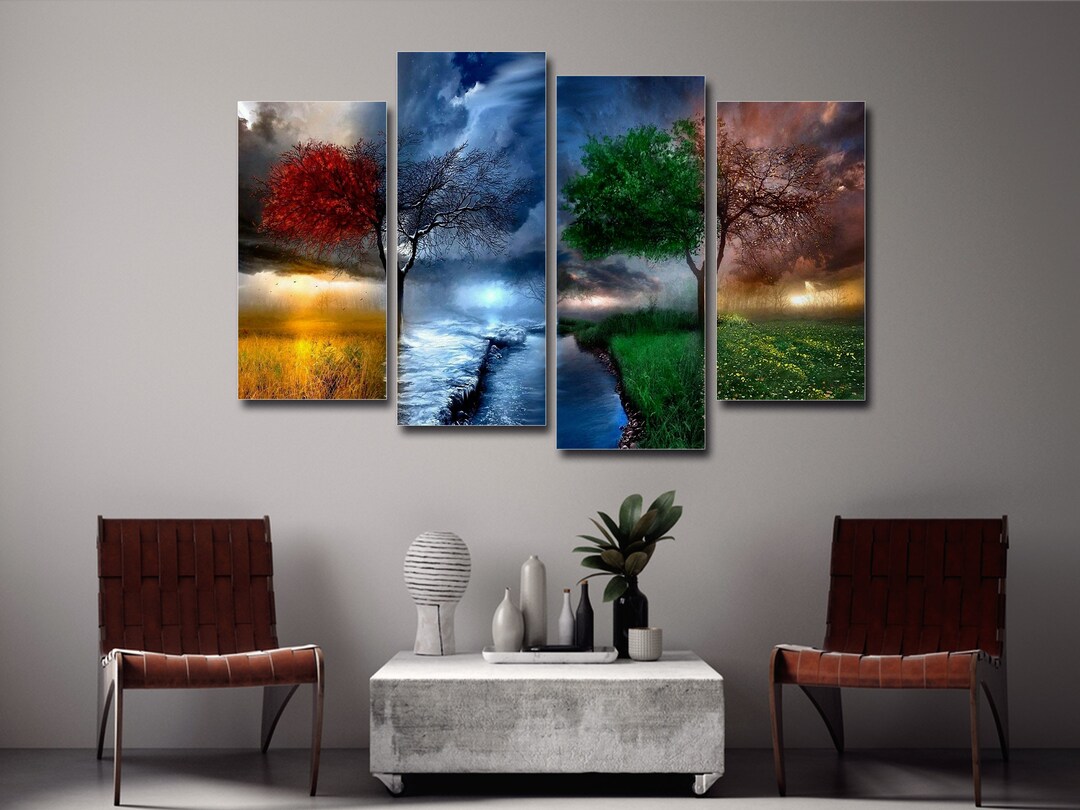 Four Seasons 4 Piece Canvas Wall Art, Large Framed 4 Piece Canvas Wall