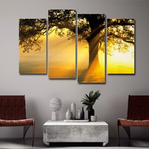 Tree in Golden Sun Rays 4 Pieces Canvas Wall Art, Large Framed 4 Piece Canvas Wall Art, Extra Large Framed 4 Panel Canvas Wall Art Abstract