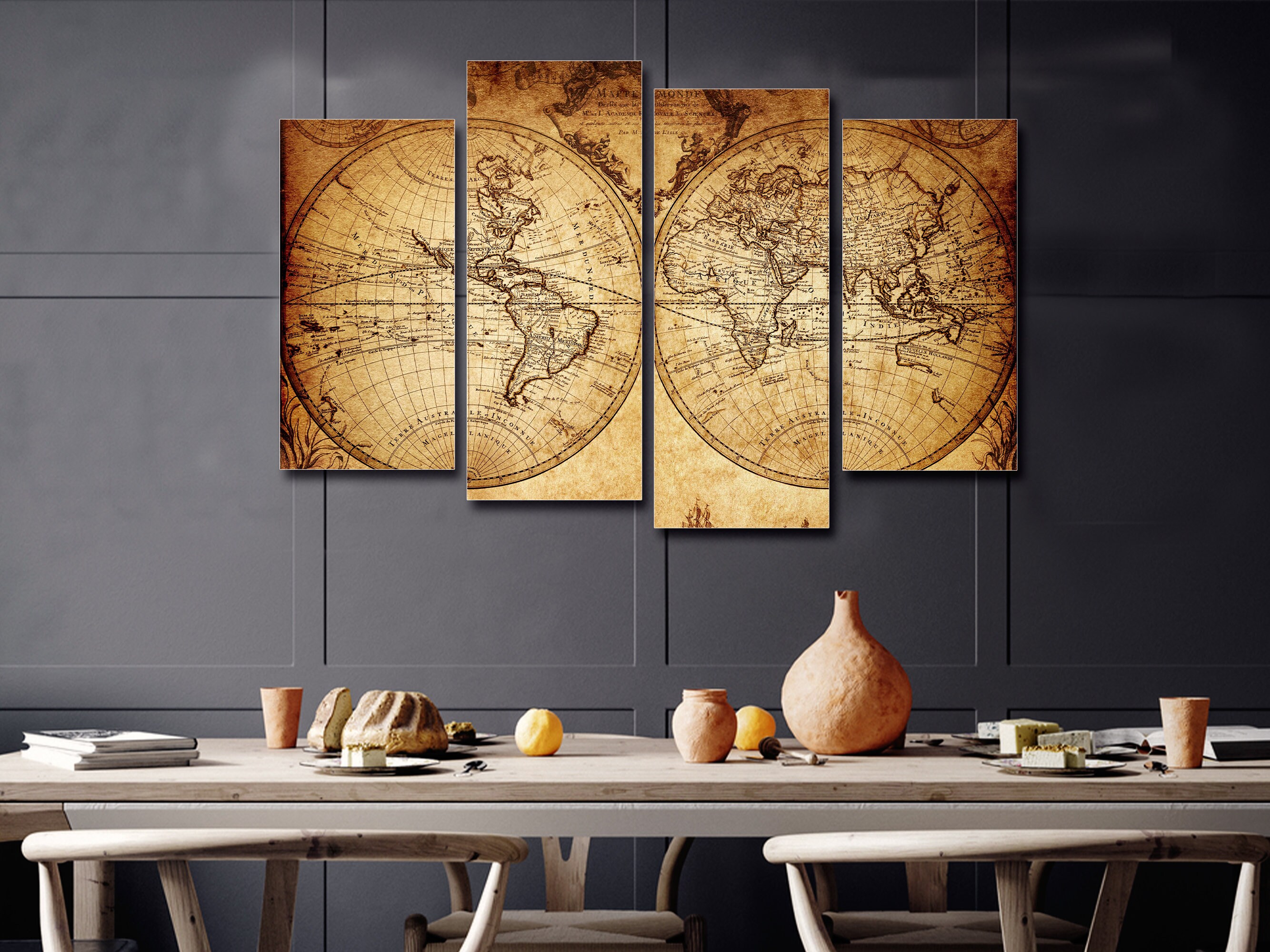 Vintage World Map, Retro Map 4 Pieces Canvas Wall Art, Large Framed 4 ...
