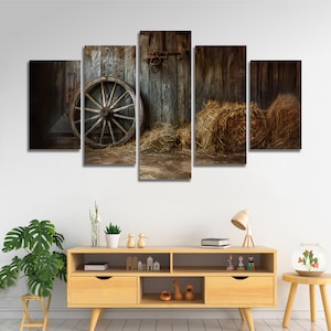 Vintage Wagon Wheel Old Barn Multi Canvas Wall Art, Large Framed Canvas Wall Art, Extra Large Framed Canvas Wall Art, 3 4 5 Piece Canvas Art