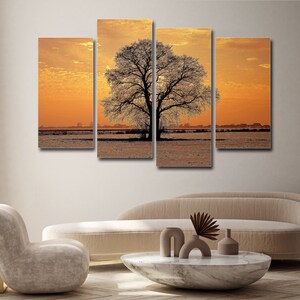 Tree Lonely Winter 4 Pieces Canvas Wall Art, Large Framed 4 Piece Canvas Wall Art, Extra Large Framed 4 Panel Canvas Wall Art, Abstract Art