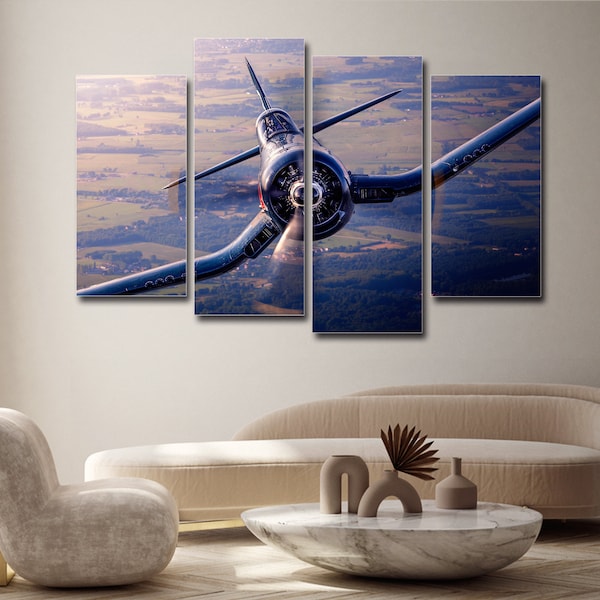 F4U Corsair Airplane 4 Piece Canvas Wall Art, Large Framed 4 Piece Canvas Wall Art, Extra Large Framed 4 Panel Canvas Wall Art, Abstract Art